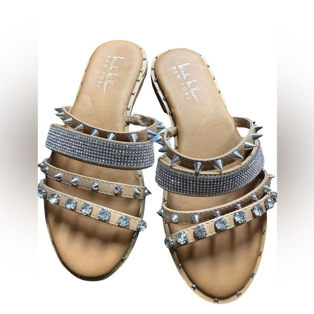 Nicole Miller Rhinestone Studded Slide Sandals Women's 8 Tan Silver Glam